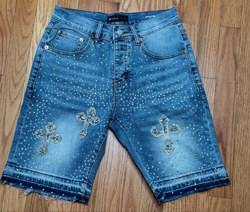 Purple Brand Crystal Rhinestone Cross Denim Shorts
Size 28